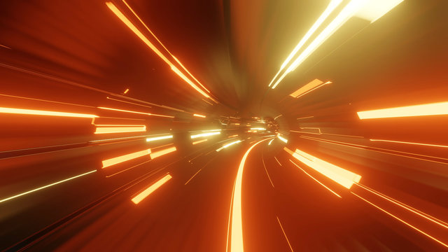 Fototapeta Sci-fi tunnel with neon lights. Abstract high-tech tunnel as background in the style of cyberpunk or high-tech future. Red yellow orange colors 7
