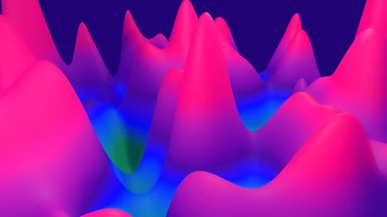 Selbstklebende Fototapeten Pink abstrakter fantastischer Hintergrund, flüssiger Farbverlauf mit internem Glühen bildet Hügel oder Gipfel wie Landschaft in unterirdischem Streumaterial, matte Farbübergänge. Lila-blau  © Green Wind