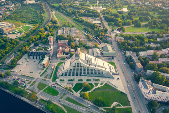Aerial view photo from flying drone panoramic to National library in Riga, Latvia.