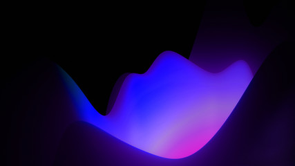 abstract fantastic background, liquid gradient of paint with internal glow forms hills or peaks like landscape in subsurface scattering material, mat color transitions. Deep blue purple