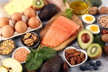 healthy eating and diet concept, natural rich in protein food on rustic table