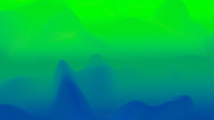 Fototapeta na wymiar abstract fantastic background, liquid gradient of paint with internal glow forms hills or peaks like landscape in subsurface scattering material, mat color transitions. Blue green