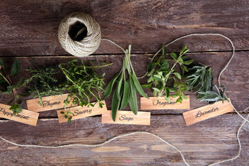 Homegrown and aromatic herbs on rustic background with sage and peppermint with labels