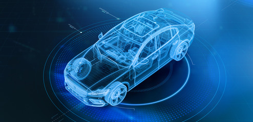 Wireframe of modern car with hi tech user interface details in dark environment (3D Illustration) - obrazy, fototapety, plakaty