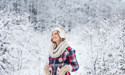 Winter fashion. woman enjoy winter landscape of snowy forest. female winter fashion. my favorite season. happy weather. winter holiday is perfect. time for vacation relax. best place to feel freedom