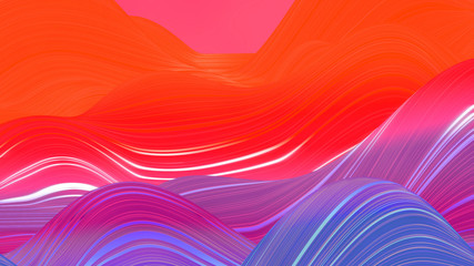 Beautiful abstract background of waves on surface, color gradients, extruded lines as striped fabric surface with folds or waves on liquid. Red blue