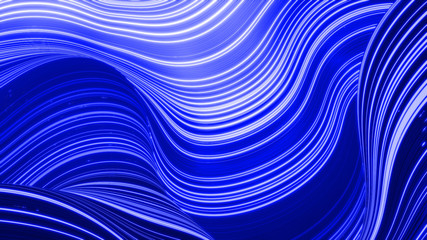Beautiful abstract background of waves on surface, gradients of blue color, extruded lines as striped fabric surface with folds or waves on liquid. Blue white 15