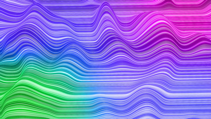 Obraz premium Beautiful abstract background of waves on surface, color gradients, extruded lines as striped fabric surface with folds or waves on liquid. Green blue purple