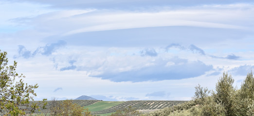 Lenticular clouds in the Andalusian countryside at sunrise