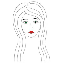 Womans face. Sketch. Girl full face. Vector illustration. Nice lady with green eyes. Long eyelashes. Black eyebrows. The lips are painted with red lipstick. Long hair. Mysterious female portrait. Face