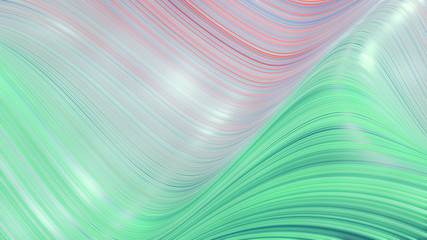 Beautiful abstract background of waves on surface, color gradients, extruded lines as striped fabric surface with folds or waves on liquid. Green red