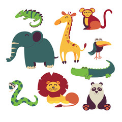 Cute jungle animals vector set isolated on white