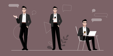 Businessman And Self Employment Concept. Self Confident Young Businessman In Different Poses And Situations On Abstract Infographic Background. Set Of Cartoon Linear Outline Flat Vector Illustration