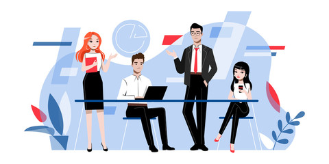 Fototapeta na wymiar Brainstorming And Teamwork Concept. Creative Business People Men And Women Develop New Project Or Startup In the Office. Business People Collection. Cartoon Outline Linear Flat Vector Illustration