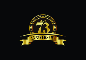 73th years anniversary logo template, vector design birthday celebration, Golden anniversary emblem with ribbon. Design for a booklet, leaflet, magazine, brochure, poster, web, invitation or greeting