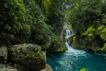 Panoramic beautiful deep waterfall in Bridge of God and Waterfalls of Tamasopo san luis potosi mexico