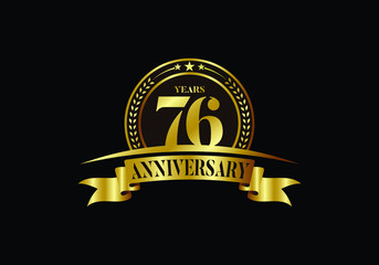 76th years anniversary logo template, vector design birthday celebration, Golden anniversary emblem with ribbon. Design for a booklet, leaflet, magazine, brochure, poster, web, invitation or greeting