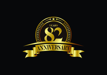 82th years anniversary logo template, vector design birthday celebration, Golden anniversary emblem with ribbon. Design for a booklet, leaflet, magazine, brochure, poster, web, invitation or greeting