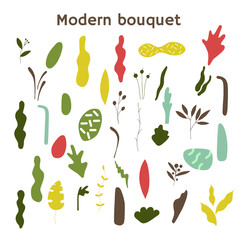 Abstract set of herbs and leaves. Modern bouquet. Vector element set isolated on white