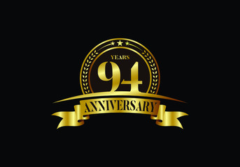 94th years anniversary logo template, vector design birthday celebration, Golden anniversary emblem with ribbon. Design for a booklet, leaflet, magazine, brochure, poster, web, invitation or greeting