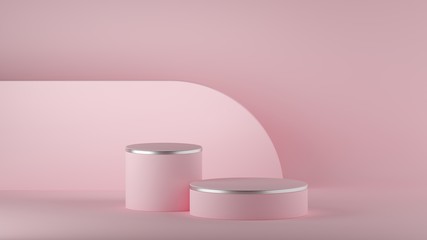 3d render, abstract pink minimal background, clean style. Empty cylinder podium, vacant pedestal, round stage, showcase stand, product display, blank board, expo platform. Copy space. Premium design