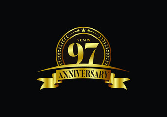 97th years anniversary logo template, vector design birthday celebration, Golden anniversary emblem with ribbon. Design for a booklet, leaflet, magazine, brochure, poster, web, invitation or greeting