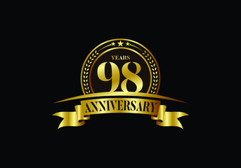 Fototapeta premium 98th years anniversary logo template, vector design birthday celebration, Golden anniversary emblem with ribbon. Design for a booklet, leaflet, magazine, brochure, poster, web, invitation or greeting