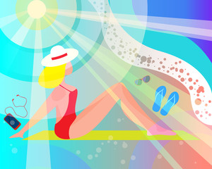 The flat design concept of a summer beach holiday. Beautiful girl have a rest on the ocean beach. 