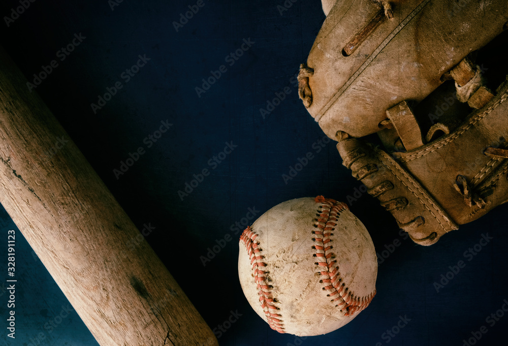 Poster baseball equipment flat lay with old used ball and brown wooden bat and players glove, copy space fo - Posters