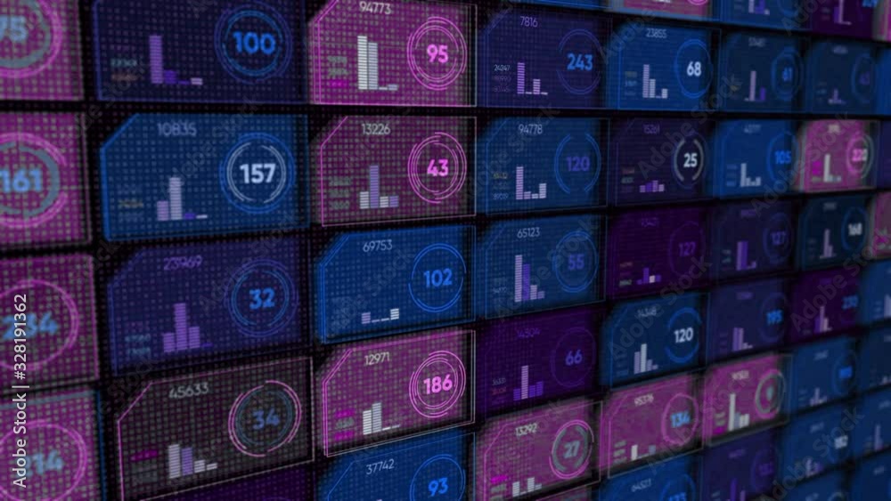 Poster abstract digital display with colorful rows of small cells or microchips with different numbers and 