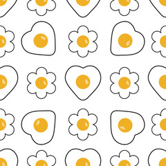 Vector illustration of a seamless pattern of fried eggs on a white background. In the form of a heart, a flower.