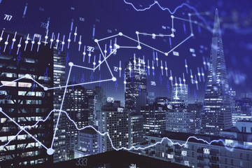 Financial graph on night city scape with tall buildings background multi exposure. Analysis concept.