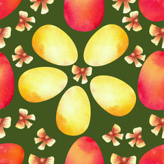 Colorful Easter eggs on a green background. Seamless patterns. Watercolor