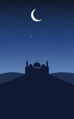 Mosque landscape in night. Moon and star at sand with mosque silhouette.