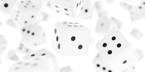 Group of flying white dices isolated on white background, shallow depth of view 3d illustration render background