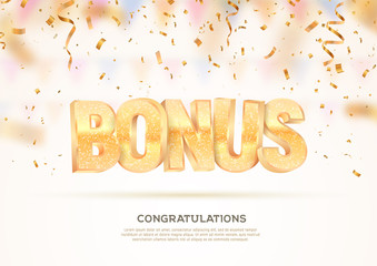 Golden bonus word vector banner for gambling. Illustration for casino or online games. Falling down confetti on dark light background.