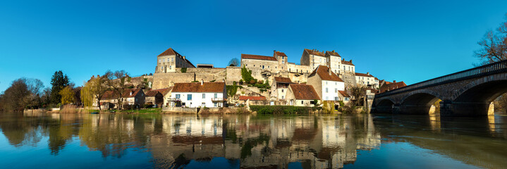 Panoramic view of Pesmes village in Burgundy, winter