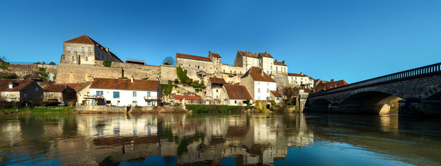 Panoramic view of Pesmes village in Burgundy, winter