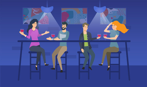 Two young couples enjoying drinks at a bar sitting chatting together at a table, colored vector illustration