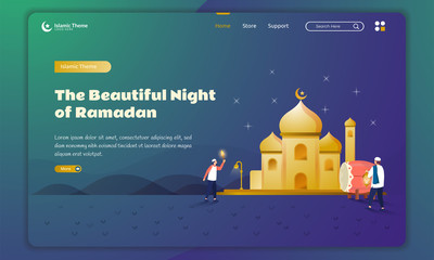 Flat design of the beauty night when ramadan month on landing page template
