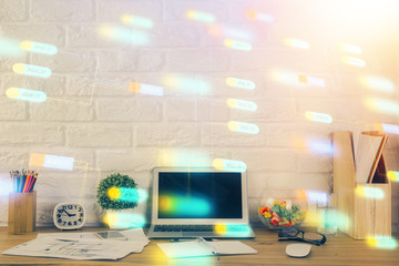 Multi exposure of desktop with personal computer and tech theme drawing. Concept of Bigdata.