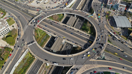 Aerial drone photo of ring road in Kifisias and Attiki odos avenues, a popular multilevel junction circular road, Attica, Greece