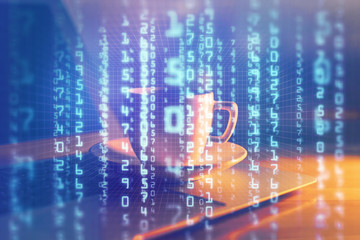 Double exposure of desktop computer and technology theme hologram. Concept of software development.