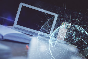 Computer on desktop with social network hologram. Multi exposure. Concept of international people...