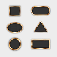 Vector set of elements for design, perforated metal mesh, buttons in gold frames of various shapes. Circle, square, oval, rectangle, triangle, 3d templates for illustration banners.