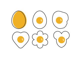 Icon fried egg in the form of a heart shape, mouse, flower. On white background. Vector illustration