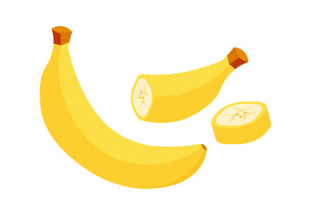 Banana with slices in cartoon style. Cut and peeled bananas. Set of vector icons isolated on white background. Symbol of fresh natural product.
