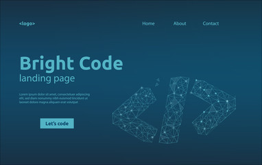 Landing page template with symbol of code in polygonal wireframe style. Vector concept for software development or coding event.