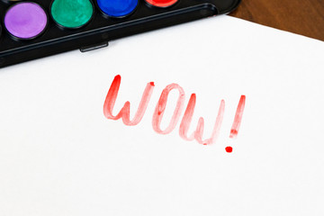 Handwritten WOW text with brush and watercolor paints on white background. Box of watercolor paints for drawing