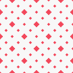 Fototapeta na wymiar Subtle vector geometric texture with small flower shapes, squares, crosses. Abstract minimalist modern seamless pattern. Simple minimal background in red and white color. Delicate repeat geo design